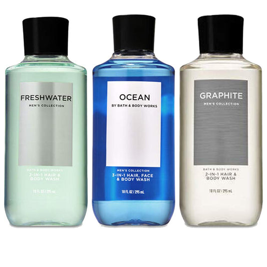 Bath and Body Works 3 Pack 2-In-1 Hair + Body Wash Freshwater, Graphite and Ocean. 10 Oz. Health & Beauty > Personal Care > Cosmetics > Bath & Body Bath & Body Works   