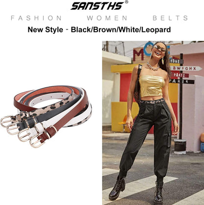 Set of 4 Womens Thin Belts SANSTHS Skinny Leather Belt with Gold Alloy Buckle Apparel & Accessories > Clothing Accessories > Belts SANSTHS   