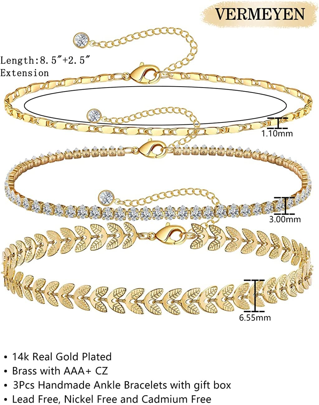 Gold Ankle Bracelets for Women 14K Gold Plated Anklet Silver Tennis Butterfly Star Coin Quartz Bead Snake Paperclip Chain Dainty Layered Anklet Set 3Pcs Jewelry Gifts for Teen Girls Apparel & Accessories > Jewelry > Anklets Vermeyen   