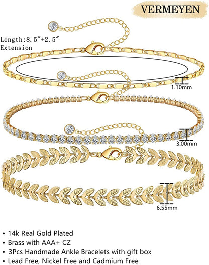 Gold Ankle Bracelets for Women 14K Gold Plated Anklet Silver Tennis Butterfly Star Coin Quartz Bead Snake Paperclip Chain Dainty Layered Anklet Set 3Pcs Jewelry Gifts for Teen Girls Apparel & Accessories > Jewelry > Anklets Vermeyen   