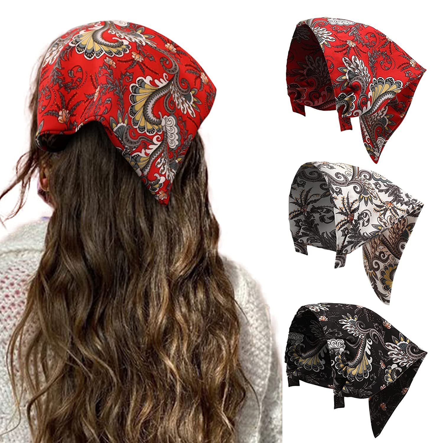 Floral Hair Scarf Headbands for Women - HAIMEIKANG Boho Hair Bandanas Scarf for Women Triangle Head Kerchief Solid Color Hair Bands Vintage Head Scarf (Beige+Yellow+Black) Apparel & Accessories > Clothing Accessories > Bandanas & Headties HAIMEIKANG Black+White+Red  