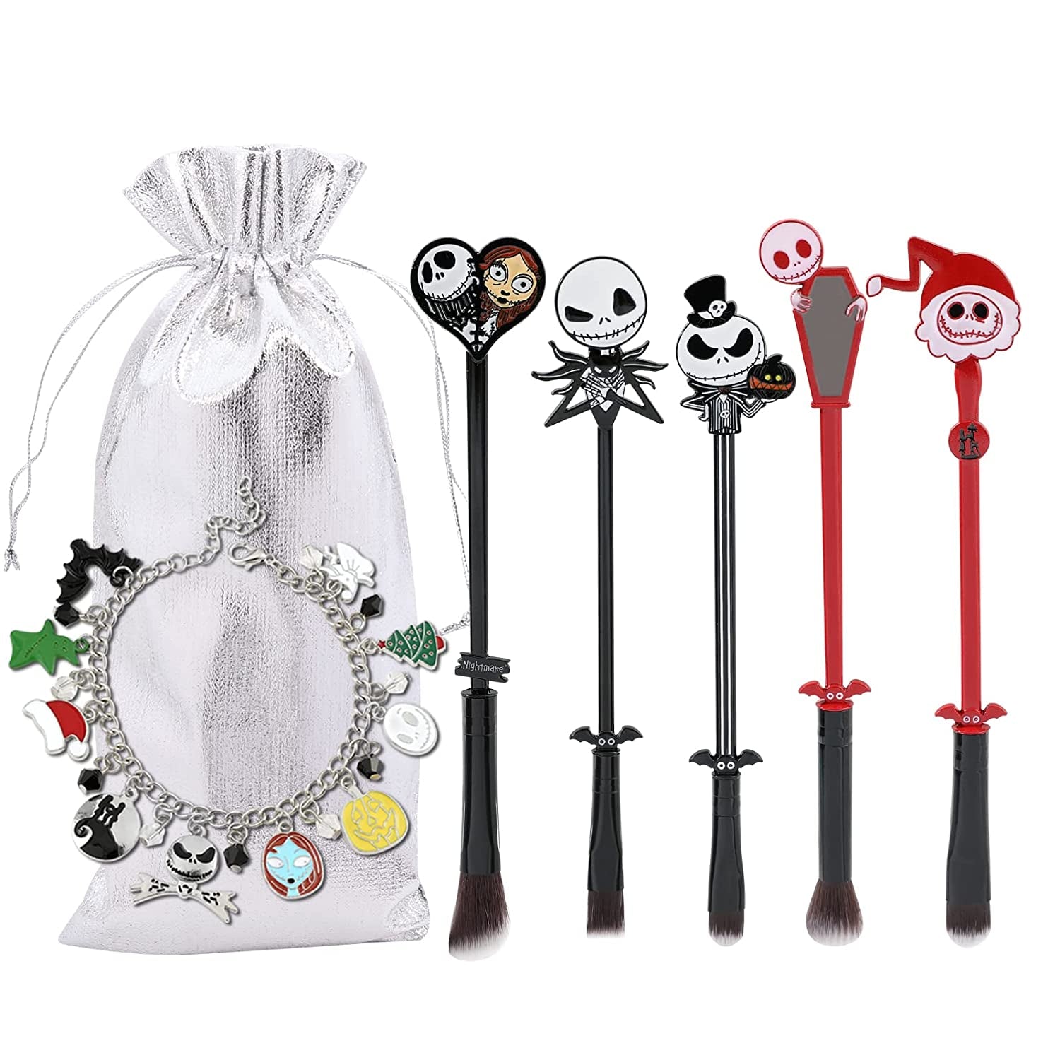 Nightmare before Christmas Makeup Brushes - 5Pcs Corpse Bride Anime Make up Brush Set Silver Drawstring Bag Included Health & Beauty > Personal Care > Cosmetics > Cosmetic Tools > Makeup Tools rongji jewelry Brushes and Bracelet  