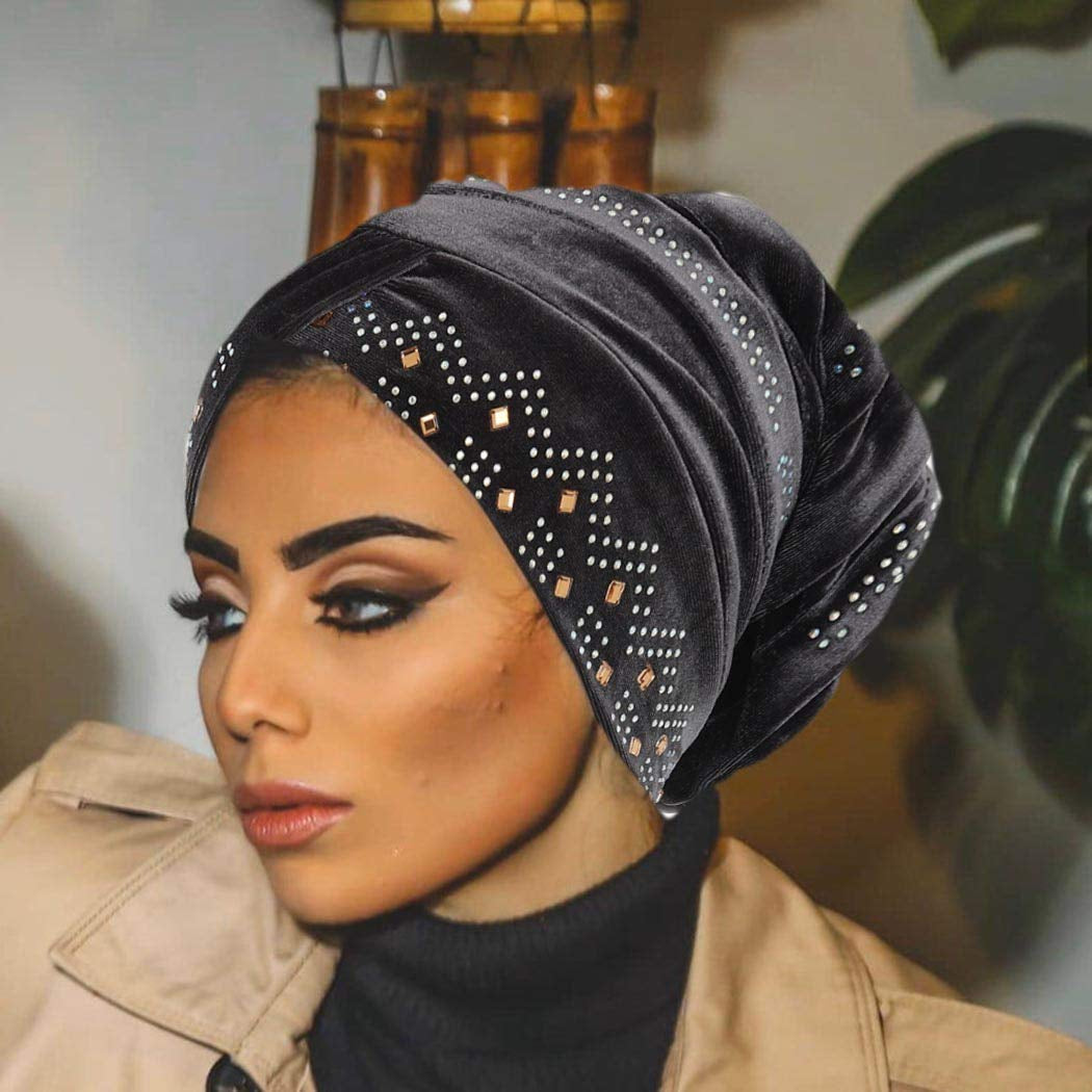 Bohend Vintage Rhinestone Turban Sleep Headwrap Wide Sparkly Sleep Turban Headband Crystal Muslim Hat Headwear Beanie Pre-Tied Bonnet Velvet Hat Cap Hair Wrap for Women and Girls (Wine Red) Apparel & Accessories > Clothing Accessories > Headwear Bohend Grey  