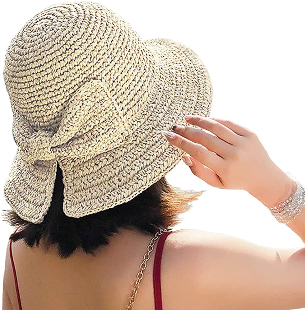 Foldable Wide Brim Floppy Straw Beach Sun Hat,Summer Cap with Bowknot for Women Girls,Strap Adjustable Apparel & Accessories > Clothing Accessories > Hats Bseash 1 Pack Beige  