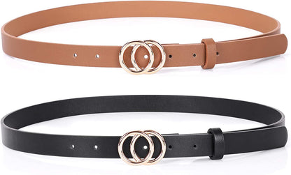 Double Ring Leather Belts for Women SANSTHS O-Style Gold Buckle Skinny Dress Belt 0.86 Inch Width for Jeans Pants Apparel & Accessories > Clothing Accessories > Belts SANSTHS B-gold Buckle Black + Gold Buckle Brown Fit Pants Size 33-38Inch 
