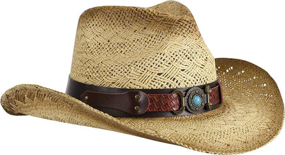 Livingston Men & Women'S Woven Straw Cowboy Hat W/Hat Band Apparel & Accessories > Clothing Accessories > Hats KYLIE MAX Brown_blue Stone  