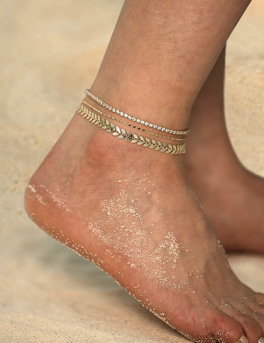 Gold Ankle Bracelets for Women 14K Gold Plated Anklet Silver Tennis Rose Quartz Cross Bead Herringbone Snake Paperclip Chain Cubic Zirconia Dainty Layered Anklet Set 3Pcs Apparel & Accessories > Jewelry > Anklets WeSparking   