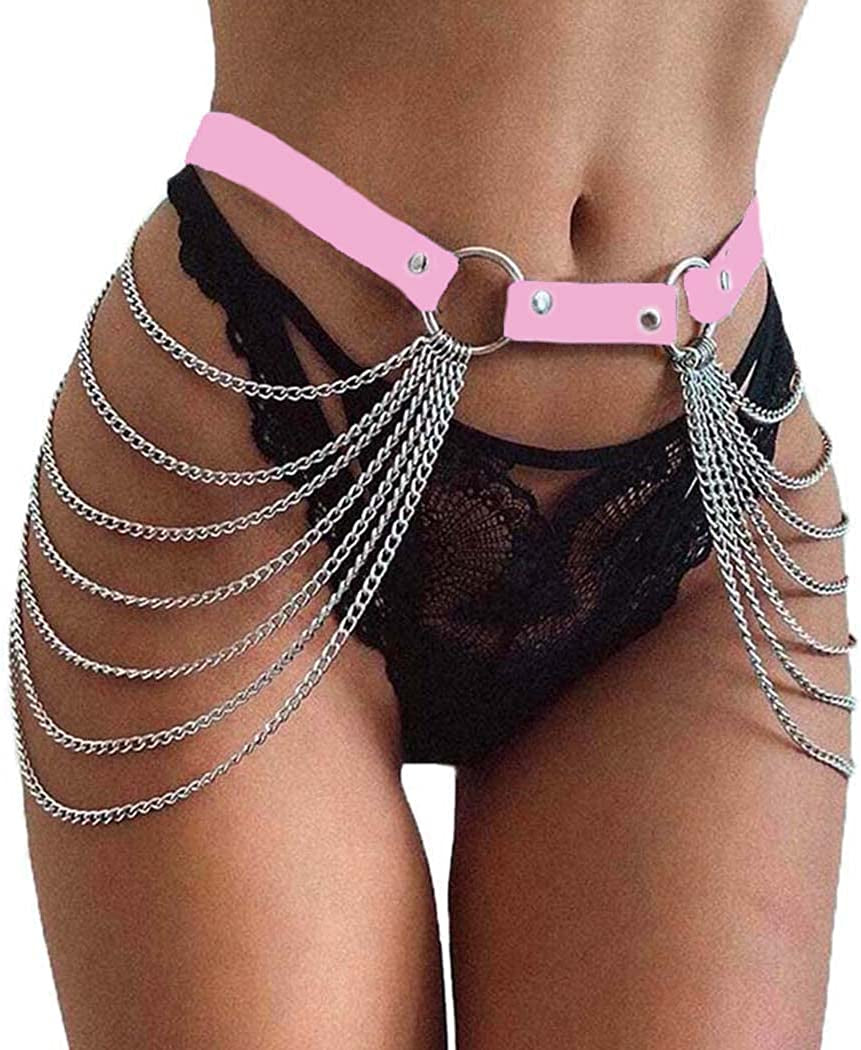 Victray Punk Black Waist Chain Belt Leather Layered Belly Body Chains Rave Body Jewelry Accessories for Women and Girls Apparel & Accessories > Jewelry > Body Jewelry Victray Pink  