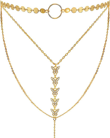 Suyi Stylish Layered Sequins Choker Necklace with Thin Long Chain Pendant for Women Lady Girl Apparel & Accessories > Jewelry > Necklaces Suyi Crystal Butterfly Gold  