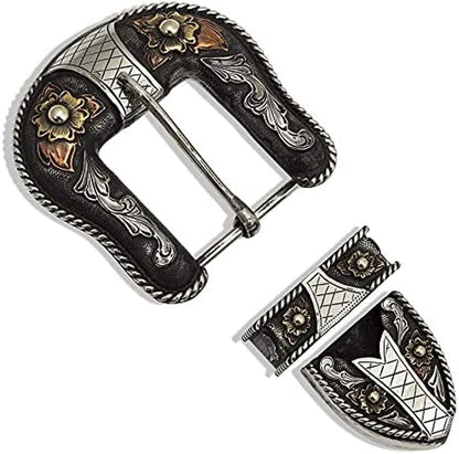 Montana Silversmiths Western 3 Piece Belt Buckle Set, Keeper Loop, Belt Tip (Black and Silver Floral) Apparel & Accessories > Clothing Accessories > Belt Buckles Montana Silversmiths   