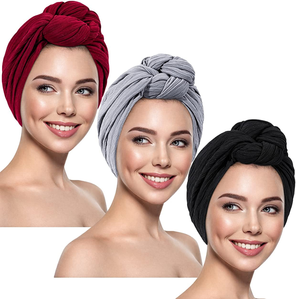 DANMY Women'S Beanie Turban Hats, Indian Hats Headscarves, Beanie Hats for Women,Turban for Women Apparel & Accessories > Clothing Accessories > Headwear DANMY Wine-red & Gray & Black -3pcs  