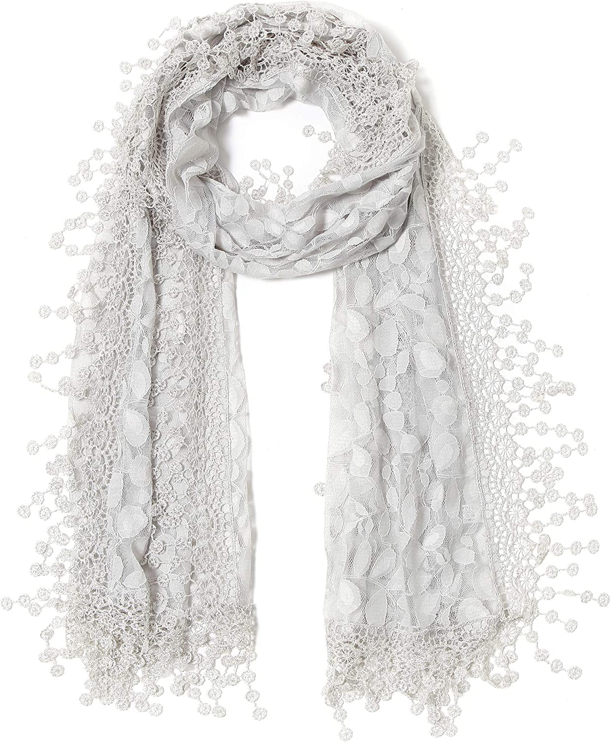 Cindy and Wendy Lightweight Soft Leaf Lace Fringes Scarf Shawl for Women Apparel & Accessories > Clothing Accessories > Scarves & Shawls Cindy and Wendy Light Gray  