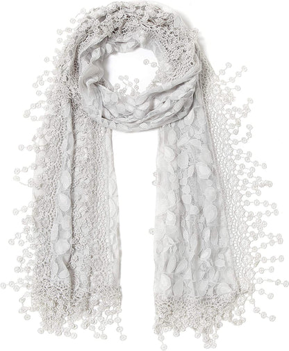 Cindy and Wendy Lightweight Soft Leaf Lace Fringes Scarf Shawl for Women Apparel & Accessories > Clothing Accessories > Scarves & Shawls Cindy and Wendy Light Gray  