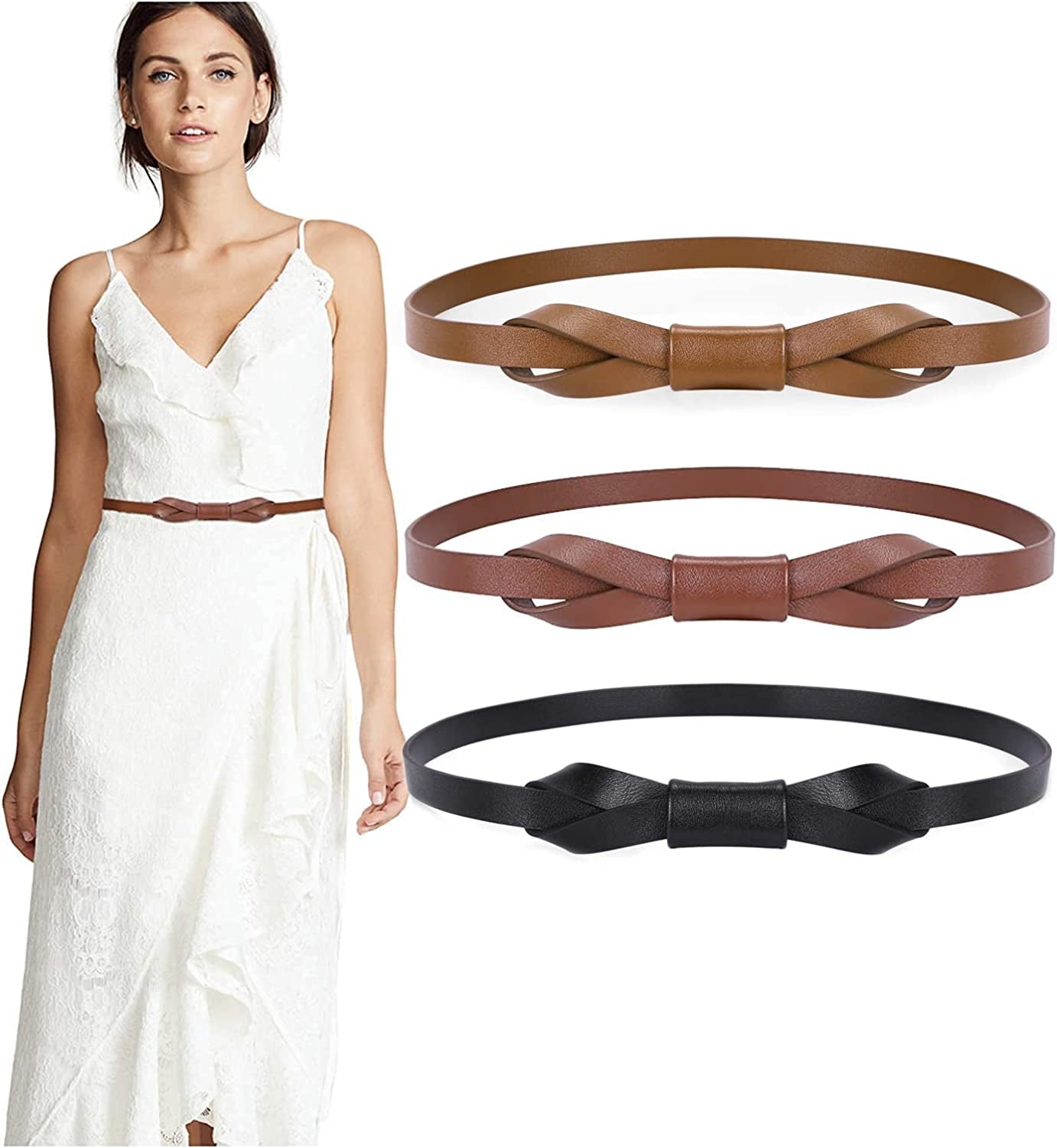 JASGOOD Women PU Leather Skinny Belt for Dress Adjustable Thin Waist Belt for Lady Apparel & Accessories > Clothing Accessories > Belts KYLIE MAX I-black+brown+coffee Suit for waist size 26"-31" 