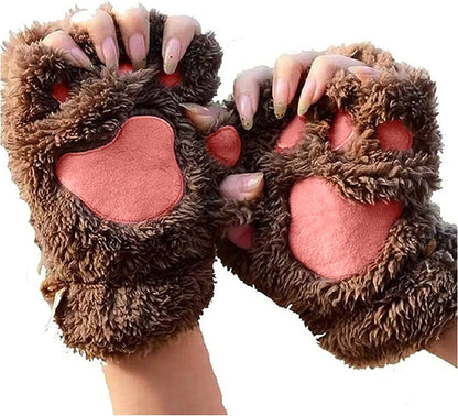 Cat Claw Bear Paw Fingerless Winter Plush Gloves 1Pair for Women Girls Fleece Plush Gloves Mittens Half Finger Gloves Cosplay Apparel & Accessories > Clothing Accessories > Gloves & Mittens JPLZi Brown One Size 