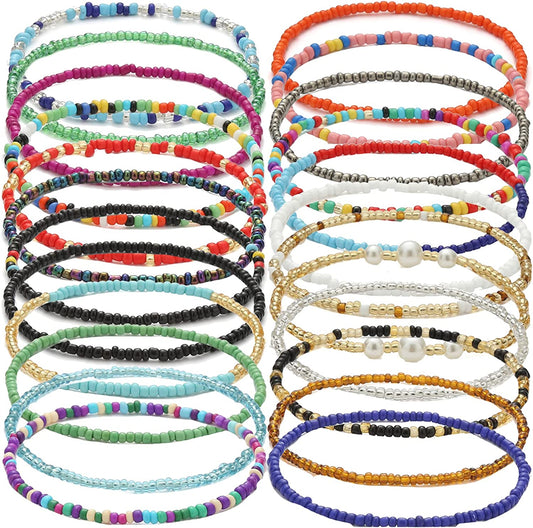 Beaded Evil Eye Anklets for Women Colorful Elastic Lucky Ankle Bracelet Hand-Woven Lucky Anklet Protection Anklet for Family Apparel & Accessories > Jewelry > Anklets Dalinner BEADED-24Set  