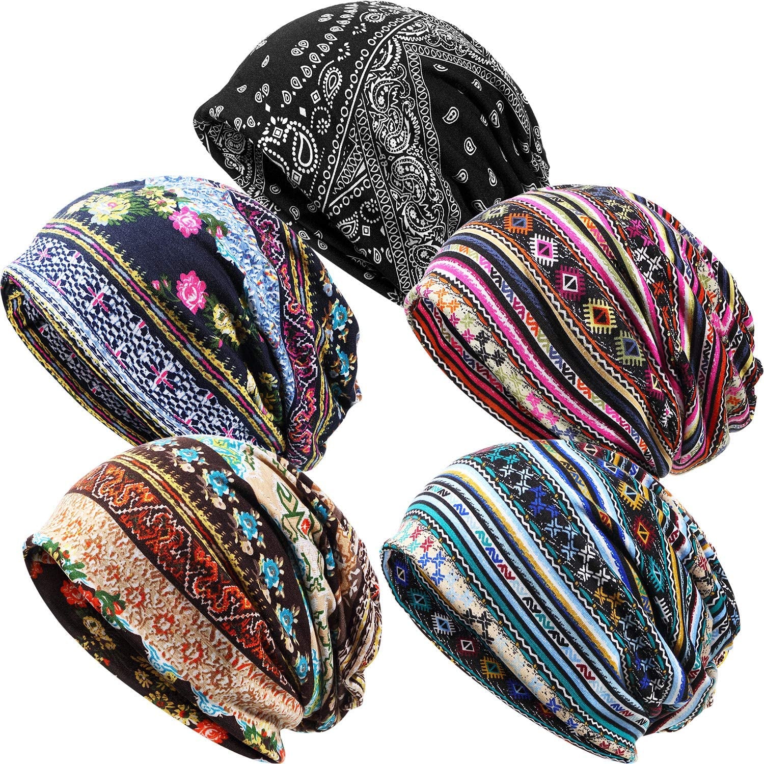 SATINIOR 5 Pieces Women'S Slouchy Beanie Hat Baggy Skull Sleep Cap Turban Headwear Apparel & Accessories > Clothing Accessories > Headwear SATINIOR Striped Style  