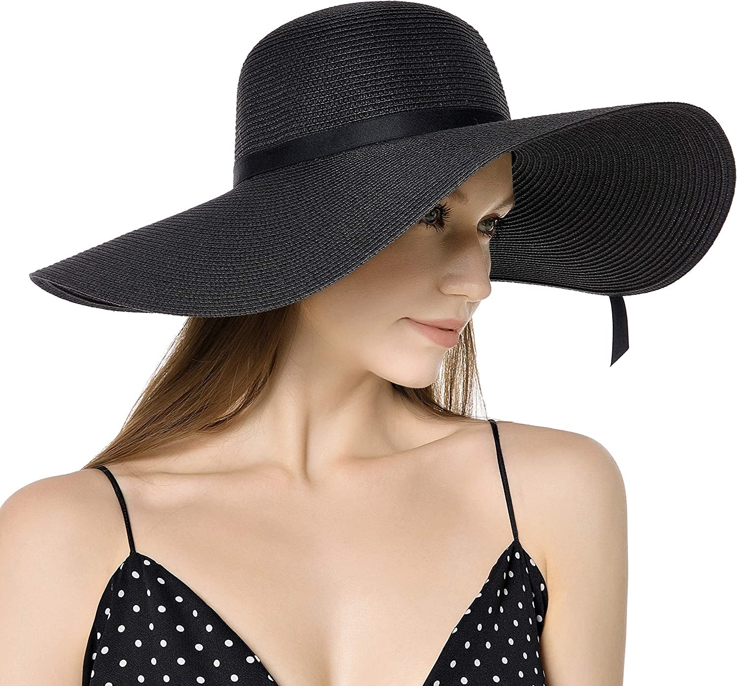 Muryobao Womens Wide Brim Straw Sun Hat Floppy Foldable Roll up Cap UPF 50+ Summer Beach Hats Apparel & Accessories > Clothing Accessories > Hats Muryobao Z-extra Large Brim Black  