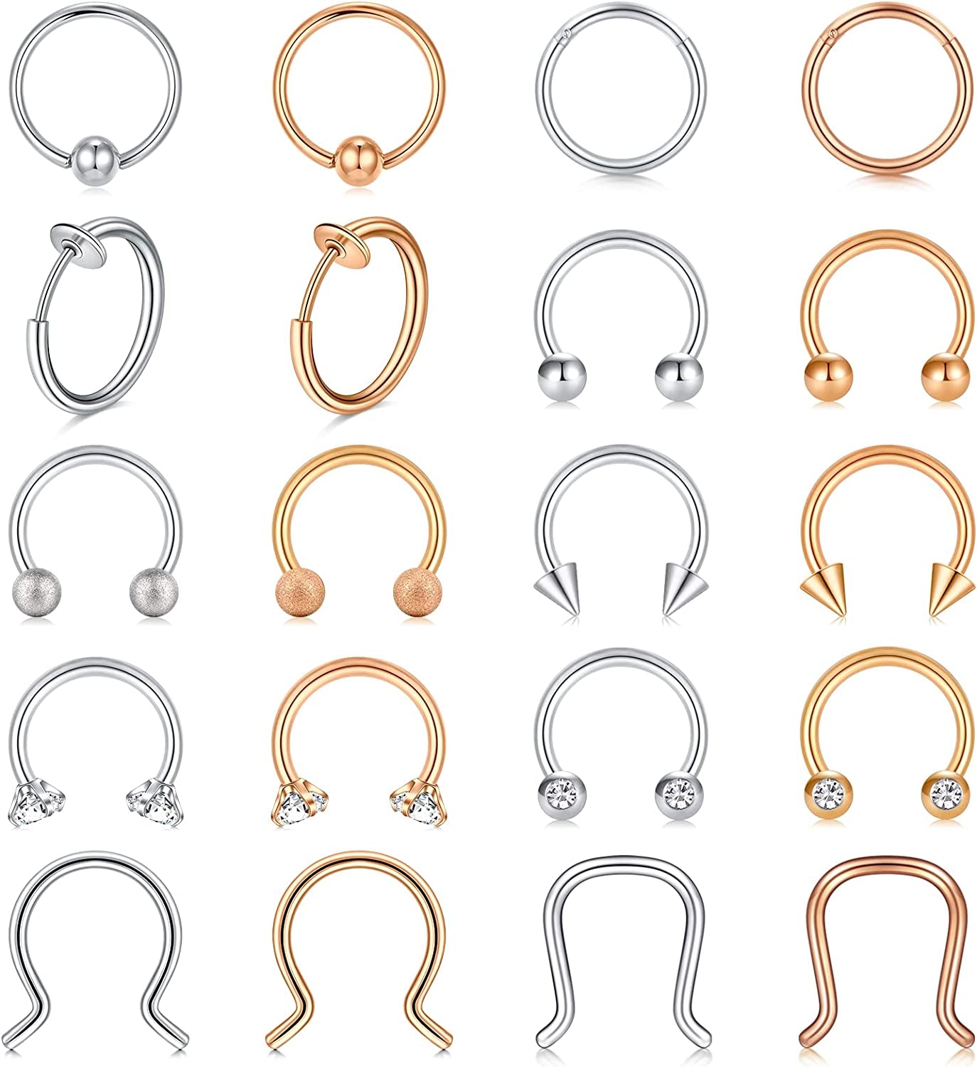 Mayhoop 16G Surgical Steel Horseshoe Nose Septum Rings Piercing Jewelry Cartilage Helix Tragus Earring Hoop Lip Horseshoe Piercing Retainer for Women Men 6Mm 8Mm 10Mm Apparel & Accessories > Jewelry > Rings Mayhoop Silver+Rose gold  