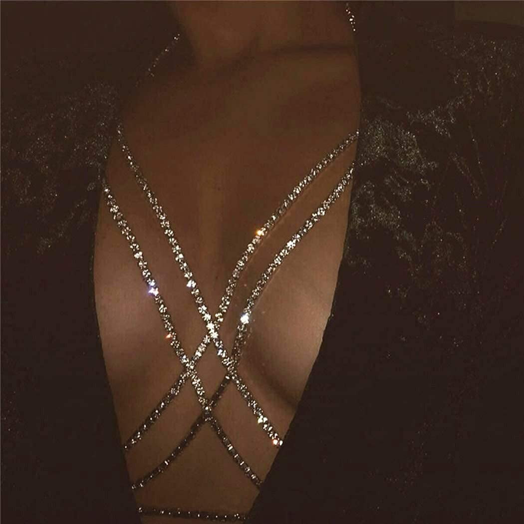 Victray Crystal Body Chain Bikini Body Chains Nightclub Chest Chain Fashion Body Jewelry for Women and Girls (Silver) Apparel & Accessories > Jewelry > Body Jewelry YD   