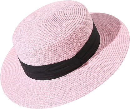 Lanzom Sun Hats for Women Wide Brim Straw Boater Hat Foldable Packable Beach Hat for Summer Apparel & Accessories > Clothing Accessories > Hats Lanzom Pink Medium 