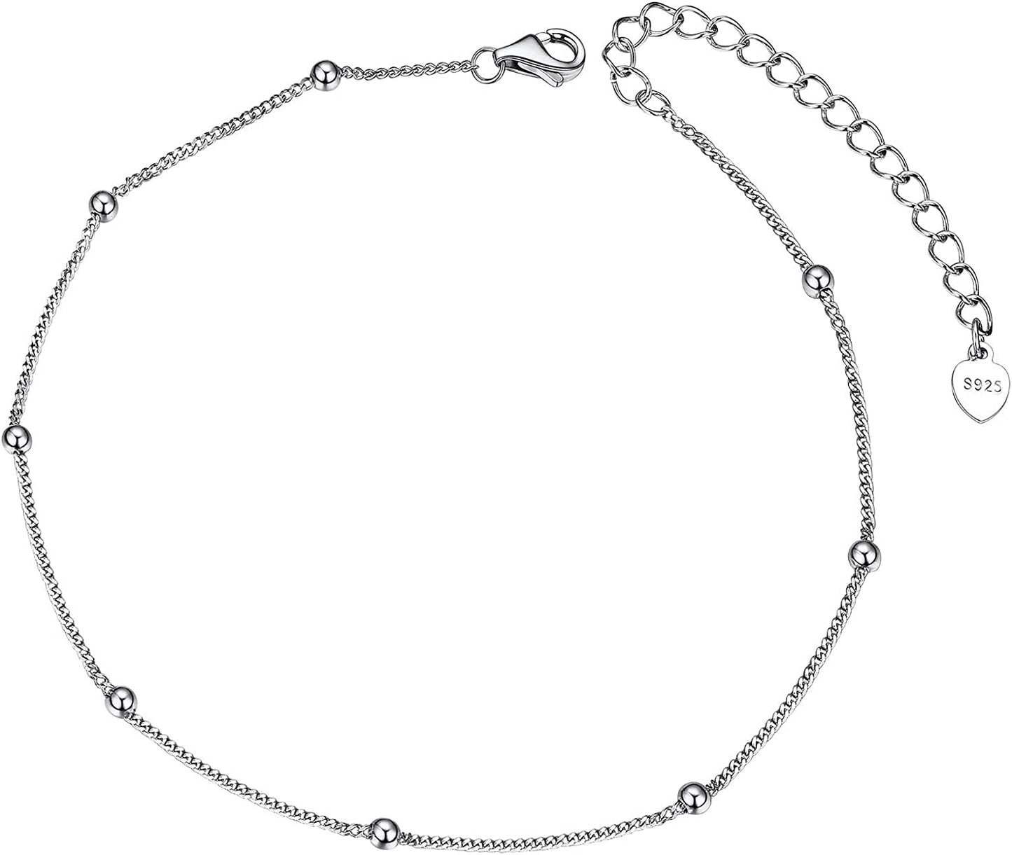 Chainspro Womens S925 Sterling Silver Adjustable Anklet, Heart/Moon/Handcuff Ankle Bracelet,Summer Foot Jewelry, Stainless Steel/Gold Plated(Send Gift Box) Apparel & Accessories > Jewelry > Anklets ChainsPro 2-bead-silver  