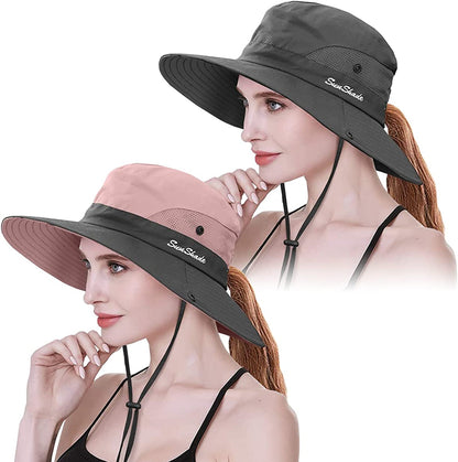 IYEBRAO 2 Pack Womens Ponytail Sun Hat UV Protection Bucket Hats Foldable Wide Brim Summer Boonie Beach Cap Fishing Hiking Apparel & Accessories > Clothing Accessories > Hats 29 IYEBRAO Pink & Grey  