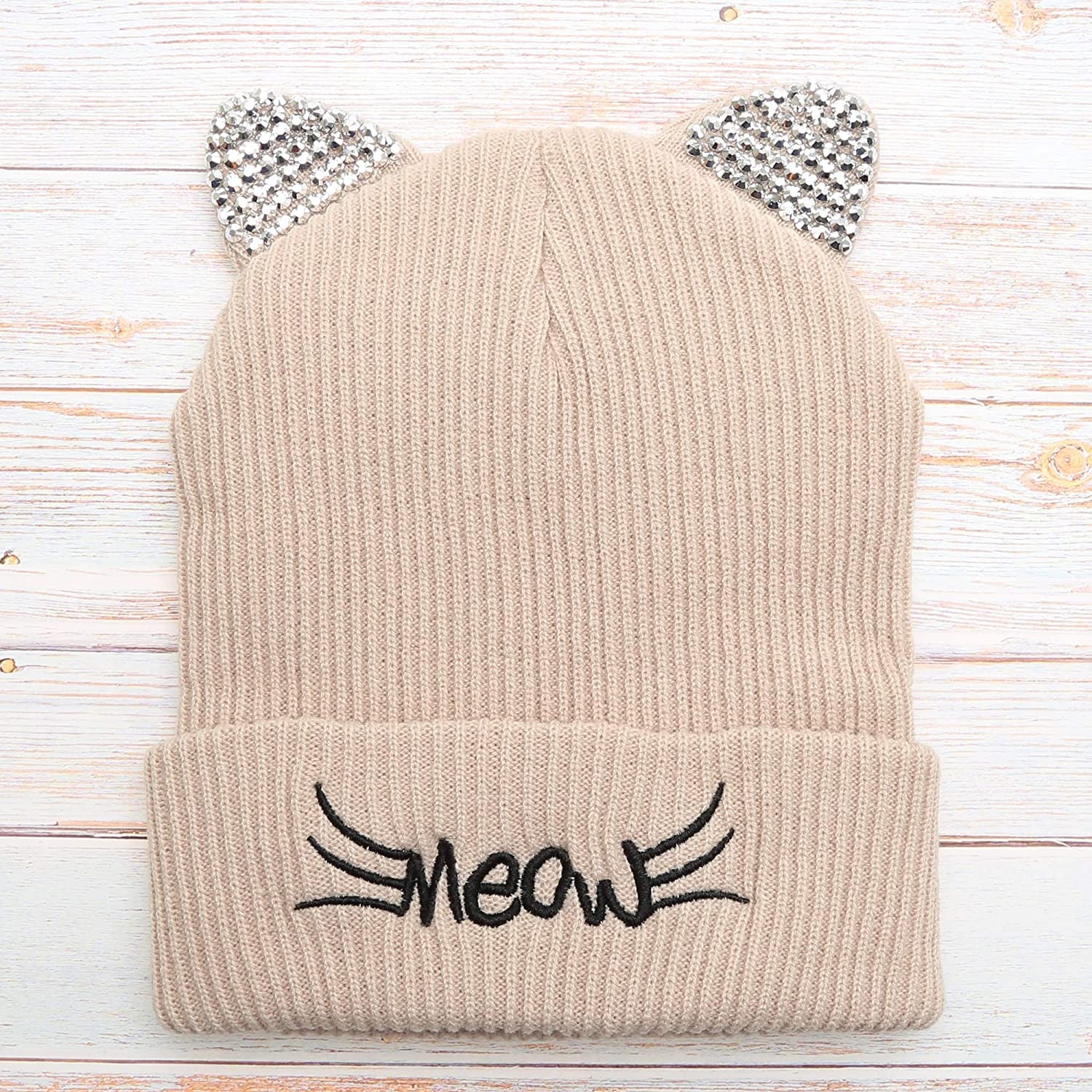 MIRMARU Women’S Soft Warm Embroidered Meow Cat Ears Knit Beanie Hat with Stone Embellished Apparel & Accessories > Clothing Accessories > Hats MIRMARU   