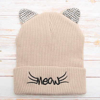 MIRMARU Women’S Soft Warm Embroidered Meow Cat Ears Knit Beanie Hat with Stone Embellished Apparel & Accessories > Clothing Accessories > Hats MIRMARU   
