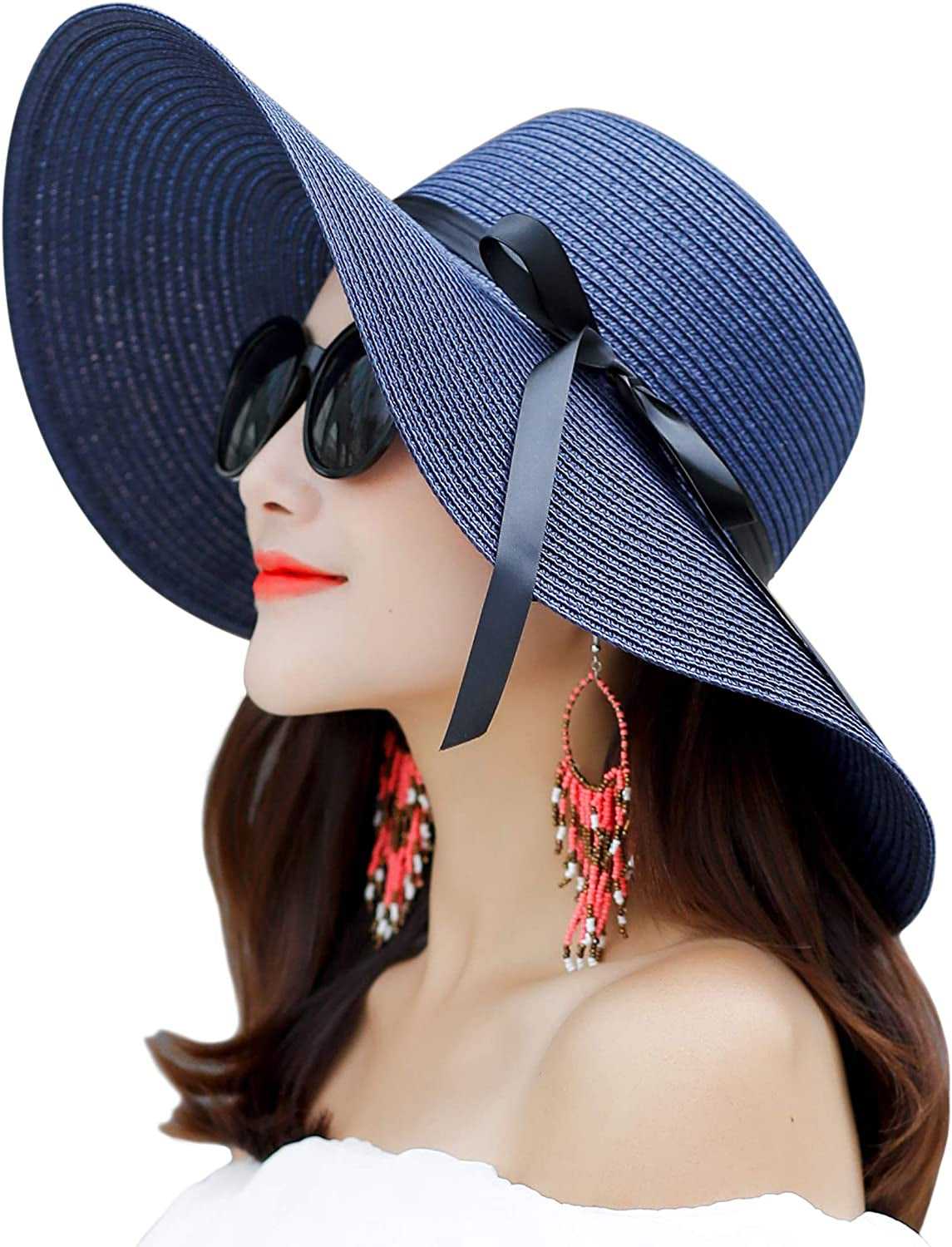 Muryobao Womens Wide Brim Straw Sun Hat Floppy Foldable Roll up Cap UPF 50+ Summer Beach Hats Apparel & Accessories > Clothing Accessories > Hats Muryobao Blue  