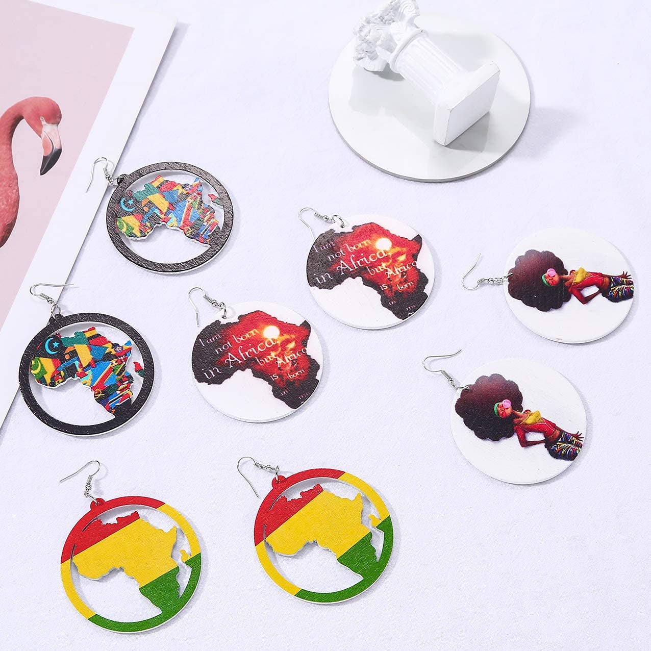 Honsny 9-12 Pairs African Wooden Earrings for Women round Wooden Painted Ethnic Earrings Drop Dangle Earrings Set Apparel & Accessories > Jewelry > Earrings Honsny   