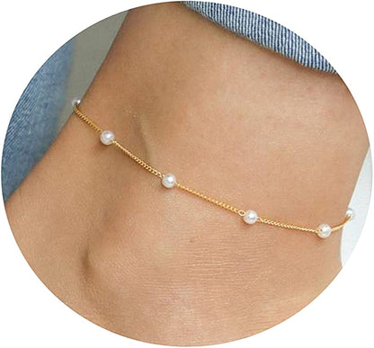 Tasiso 14K Gold Plated Layered Satellite Beads Heart Anklets Layering Rhinestone Cubic Zirconia Ankle Bracelets for Women Minimalist Summer Beach Foot Chain Ankle Jewelry Gifts Apparel & Accessories > Jewelry > Anklets Tasiso 7 Pearl-Gold  