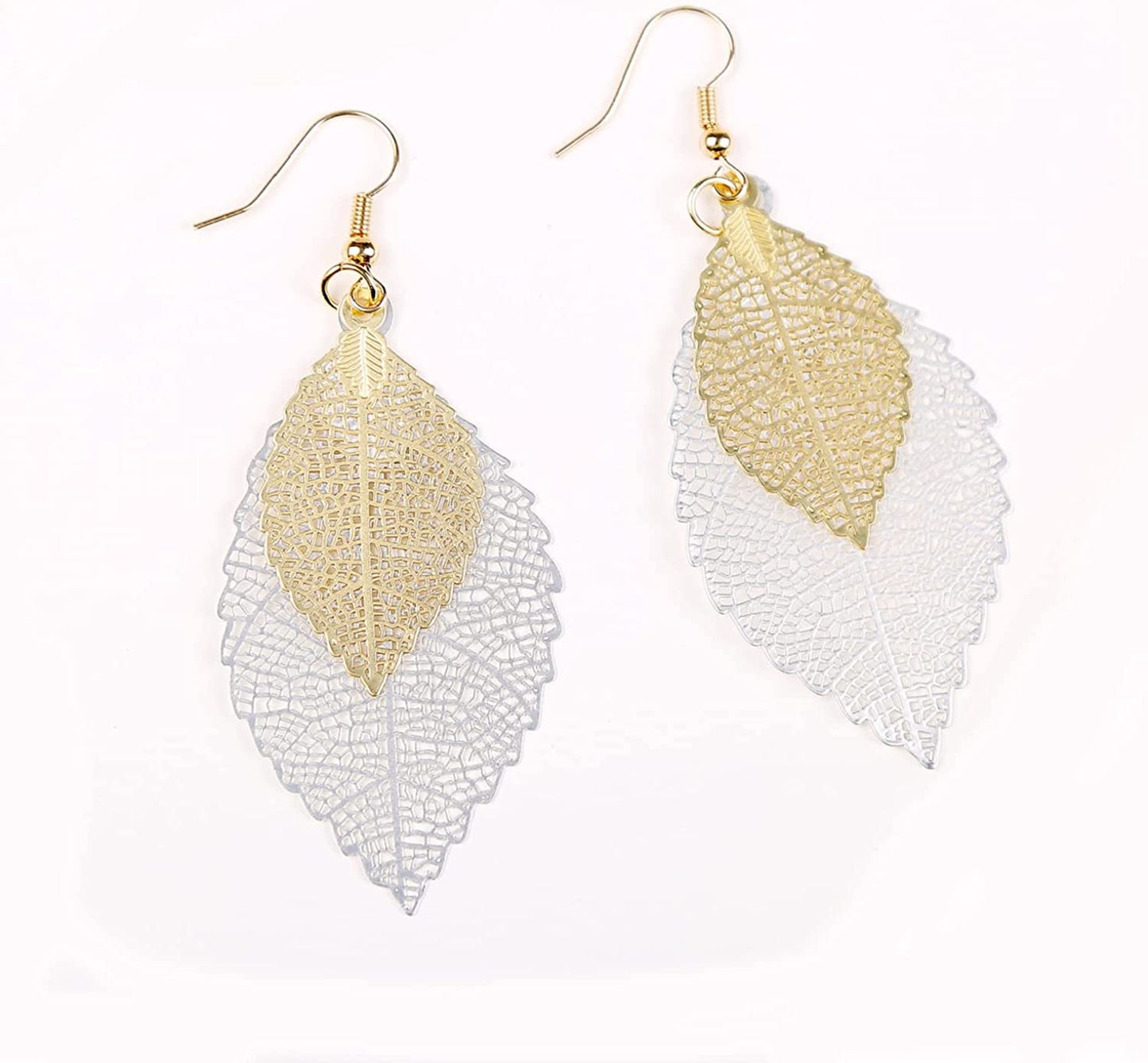 Jeolory Shiny 925 Silver 14K Gold Plated Double Layer Hollow Out Tree Leaf Shape Hook Earring Dangle for Women Lady Girl Apparel & Accessories > Jewelry > Earrings Jeolory   