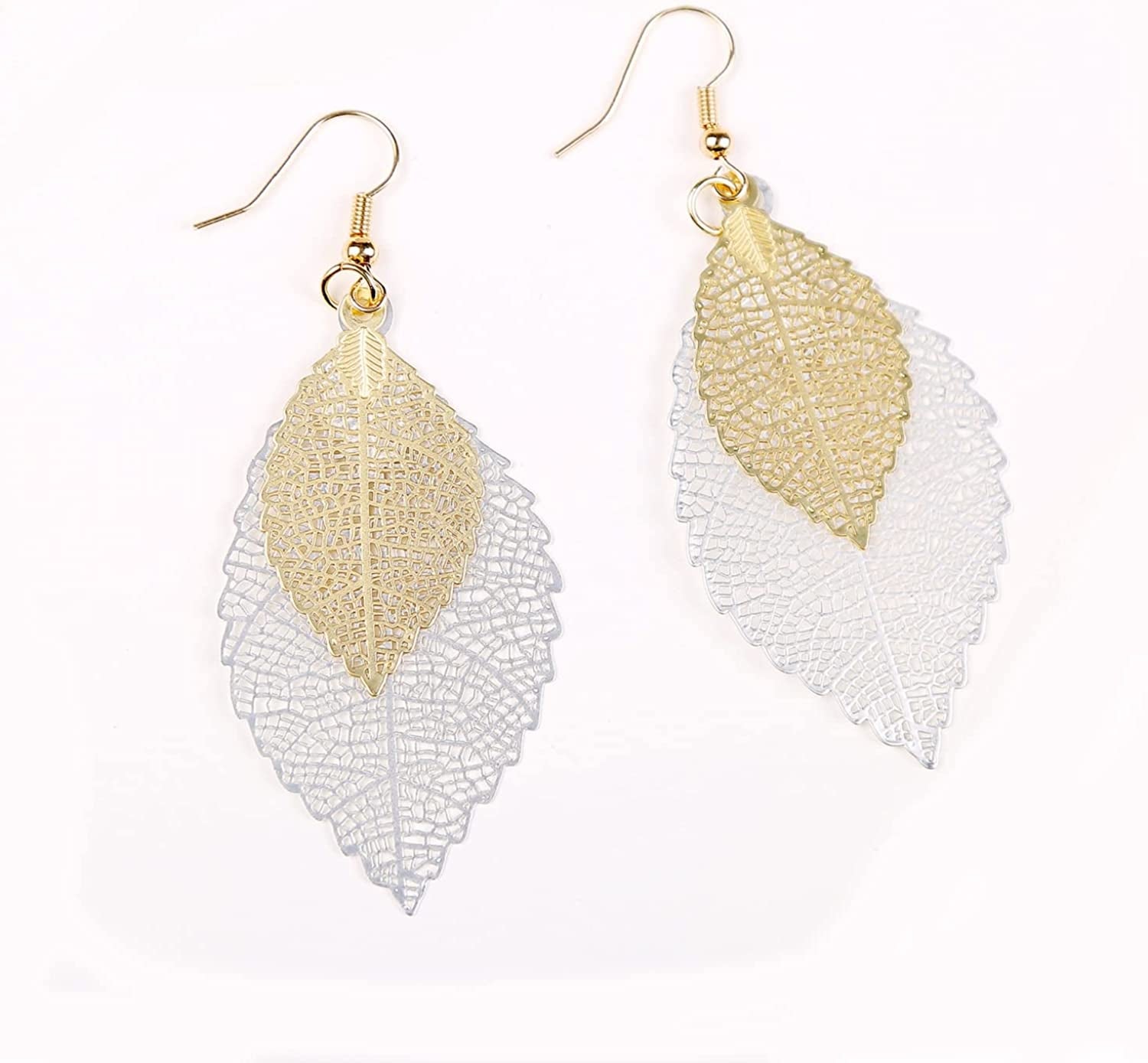 Jeolory Shiny 925 Silver 14K Gold Plated Double Layer Hollow Out Tree Leaf Shape Hook Earring Dangle for Women Lady Girl Apparel & Accessories > Jewelry > Earrings Jeolory   