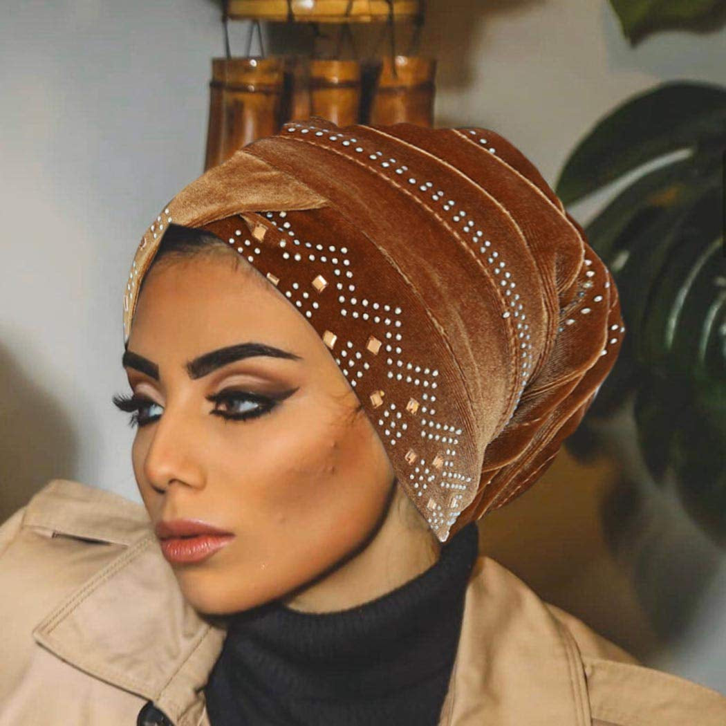 Bohend Vintage Rhinestone Turban Sleep Headwrap Wide Sparkly Sleep Turban Headband Crystal Muslim Hat Headwear Beanie Pre-Tied Bonnet Velvet Hat Cap Hair Wrap for Women and Girls (Wine Red) Apparel & Accessories > Clothing Accessories > Headwear Bohend Gold  