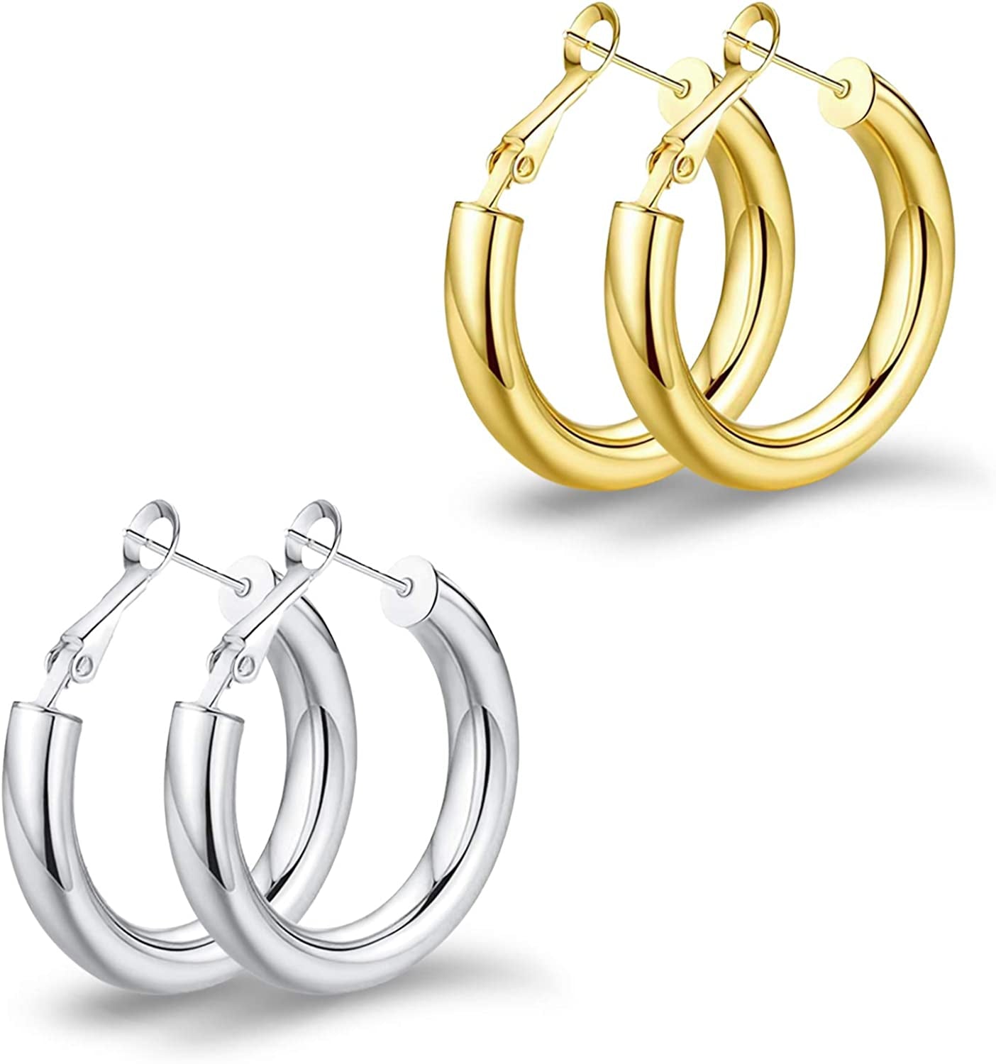 Thick Gold Hoop Earrings Lightweight Howllow Tube Hoops Chunky Gold for Women Hypoallergenic Big Earring 25Mm 30Mm 40Mm 50Mm Apparel & Accessories > Jewelry > Earrings BMMYE Gold+Silver-25mm  