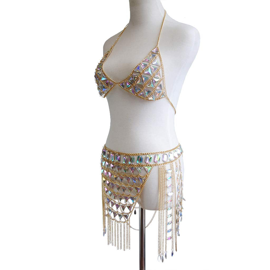 Canb Rhinestone Body Chain Suit Boho Body Waist Belly Chain Skirt Crystal Body Chain Bra Top Festival Jewelry for Women and Girls (VI) Apparel & Accessories > Jewelry > Body Jewelry CanB   