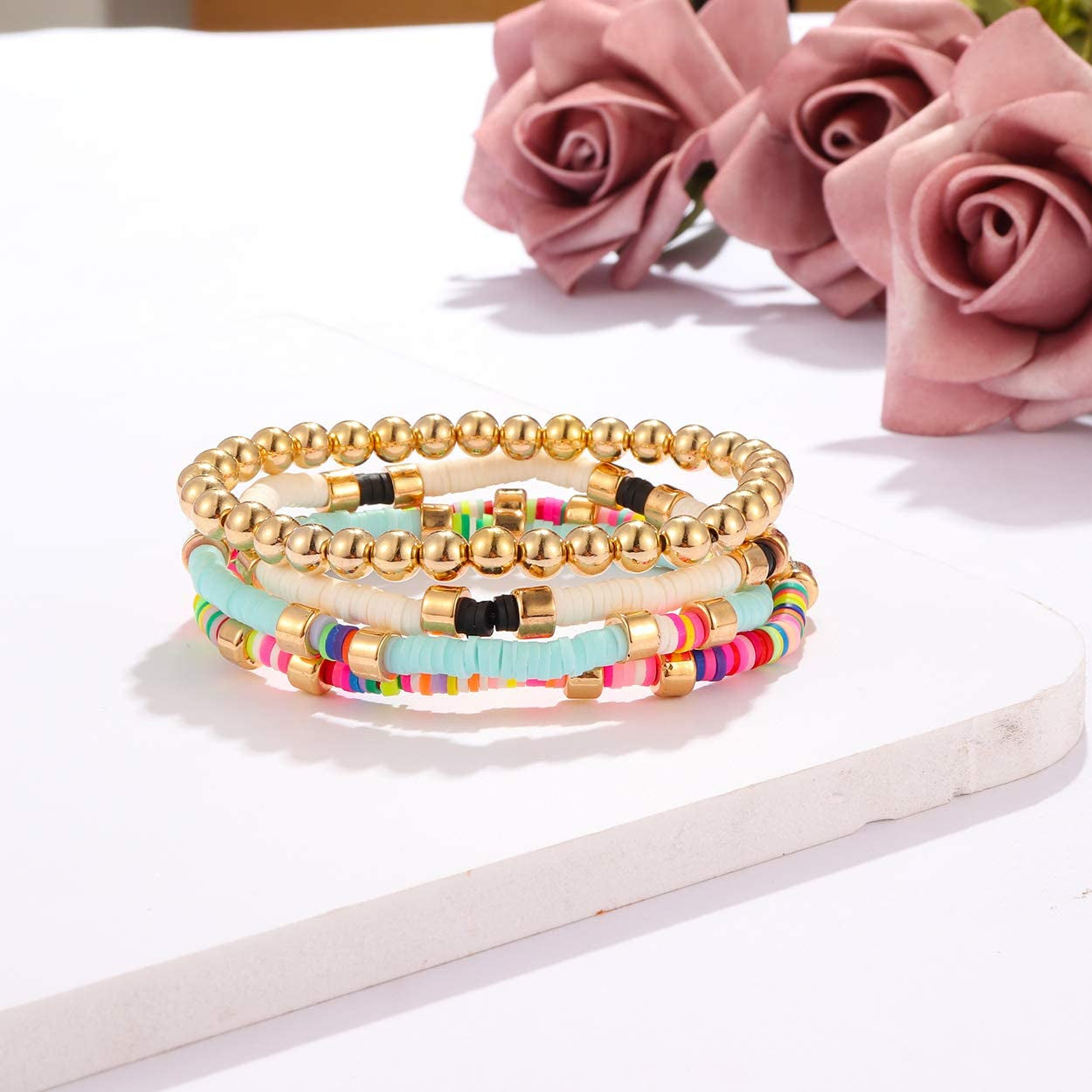 Colorful Beaded Bracelet for Women Heishi Bracelet Set Assorted Gold Bead Stackable Stretch Strand Bracelet Apparel & Accessories > Jewelry > Bracelets WETMT   