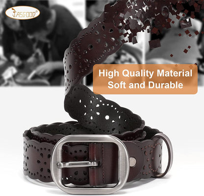 JASGOOD Women'S plus Size Belt, Hollow Flower Leather Belt for Jeans Pants Wide Belt with Metal Buckle Apparel & Accessories > Clothing Accessories > Belts KYLIE MAX   