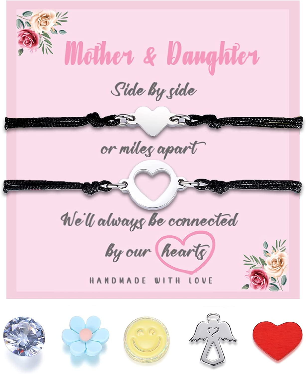 SAM & LORI Unique Matching Bracelets for Best Friends Couples Mother Daughter Son Dad Sisters Brothers-Unisex Adjustable Bracelets- Comes with Cards in Giftable Packing Apparel & Accessories > Jewelry > Bracelets SAM & LORI 1-Mother Daughter-Black-2 Hearts Matching  