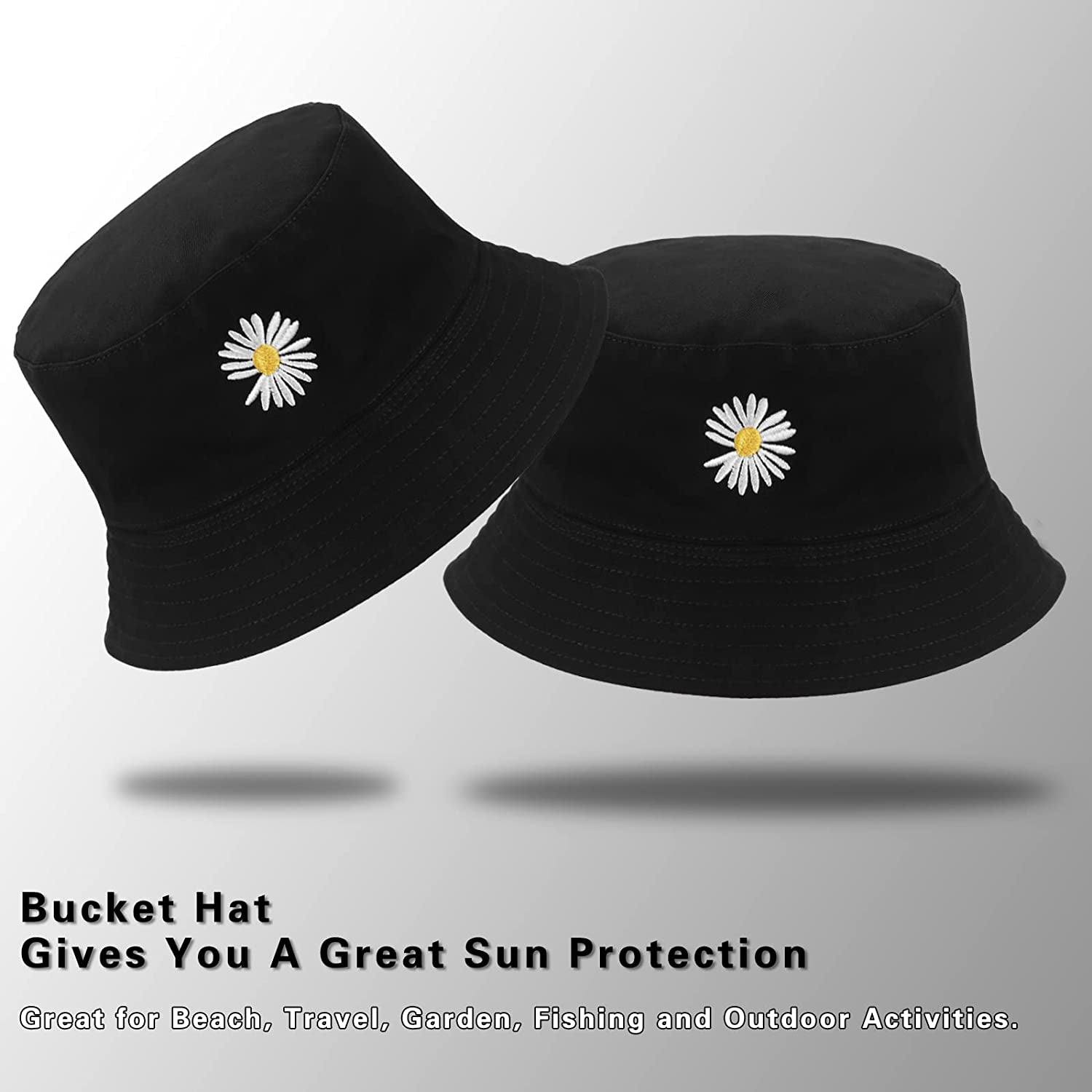 Bucket Hat - Unisex Black Bucket Hat for Women, Travel Beach Fisherman Summer Cap, Sun Protection Windproof Beach Bucket Hats for Men Teens Kids, Flower Embroidery Apparel & Accessories > Clothing Accessories > Hats clubone   