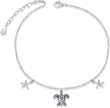 S925 Sterling Silver Sea Turtle Starfish Adjustable Anklets Foot Chain Jewelry Ankle Bracelet for Women Apparel & Accessories > Jewelry > Anklets ACJNA   