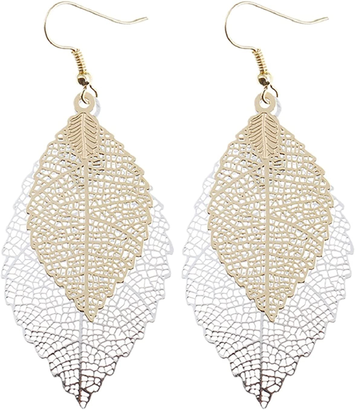 Jeolory Shiny 925 Silver 14K Gold Plated Double Layer Hollow Out Tree Leaf Shape Hook Earring Dangle for Women Lady Girl Apparel & Accessories > Jewelry > Earrings Jeolory   