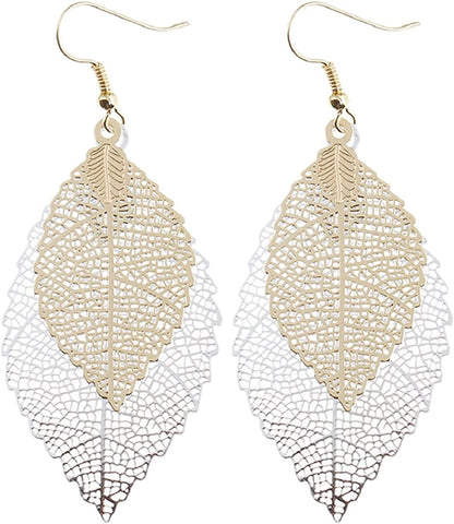 Jeolory Shiny 925 Silver 14K Gold Plated Double Layer Hollow Out Tree Leaf Shape Hook Earring Dangle for Women Lady Girl Apparel & Accessories > Jewelry > Earrings Jeolory   