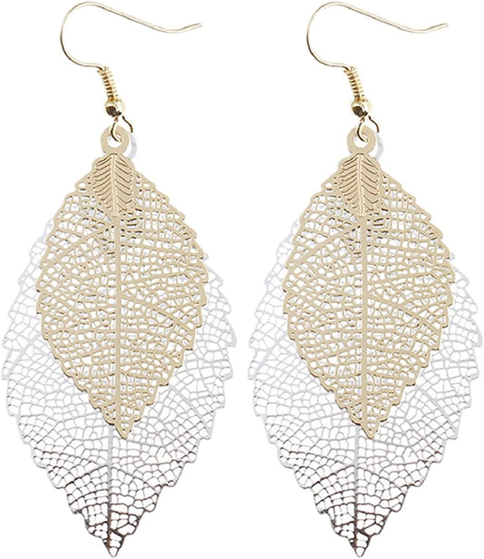 Jeolory Shiny 925 Silver 14K Gold Plated Double Layer Hollow Out Tree Leaf Shape Hook Earring Dangle for Women Lady Girl Apparel & Accessories > Jewelry > Earrings Jeolory   