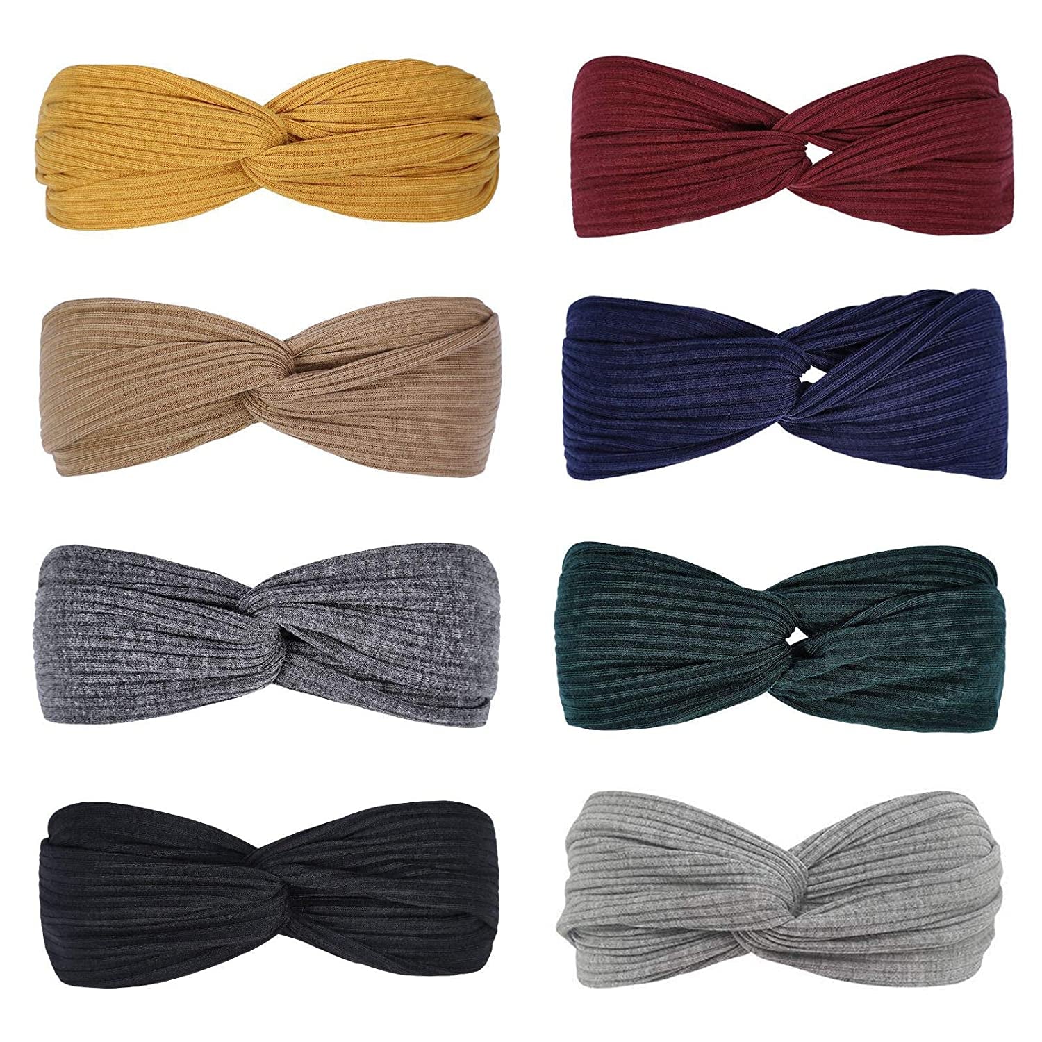 Huachi Headbands for Women Twist Knotted Boho Stretchy Hair Bands for Girls Criss Cross Turban Plain Headwrap Yoga Workout Vintage Hair Accessories, Solid Color, 8Pcs Apparel & Accessories > Clothing Accessories > Bandanas & Headties Huachi   