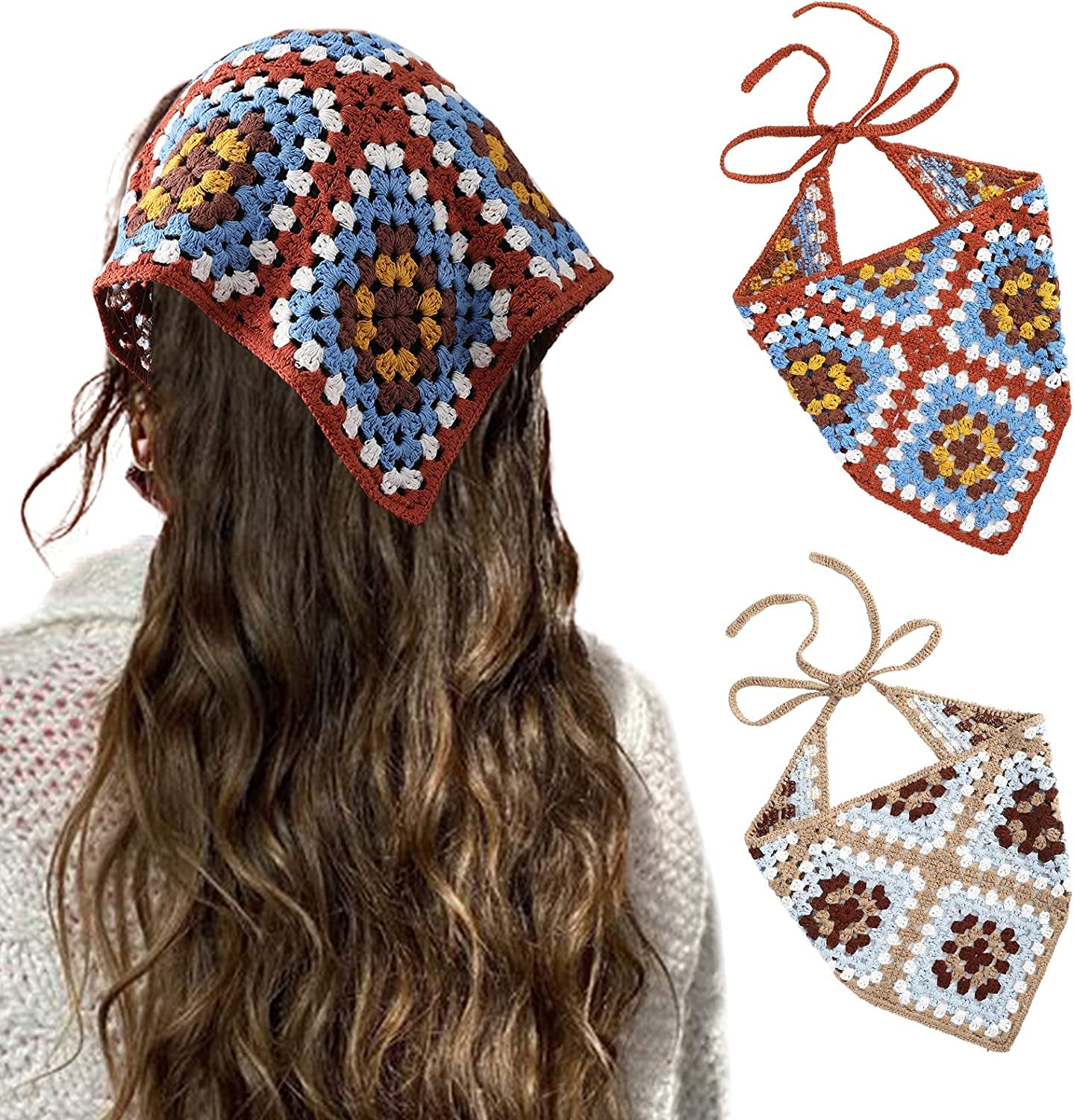 Floral Crochet Hair Bandanas Headscarf- HAIMEIKANG 2 PCS Women Hair Scarf Daisy Headband Vintage Head Kerchief for Girls Apparel & Accessories > Clothing Accessories > Bandanas & Headties HAIMEIKANG Light Coffee+dark Coffee  