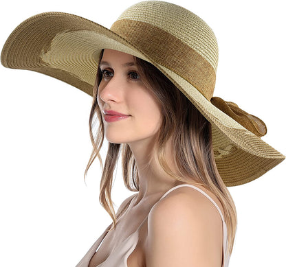 Muryobao Womens Sun Straw Hat Wide Brim UV UPF 50 Summer Hat Foldable Roll up Floppy Beach Cap for Women Apparel & Accessories > Clothing Accessories > Hats Muryobao Beige-khaki Mix  