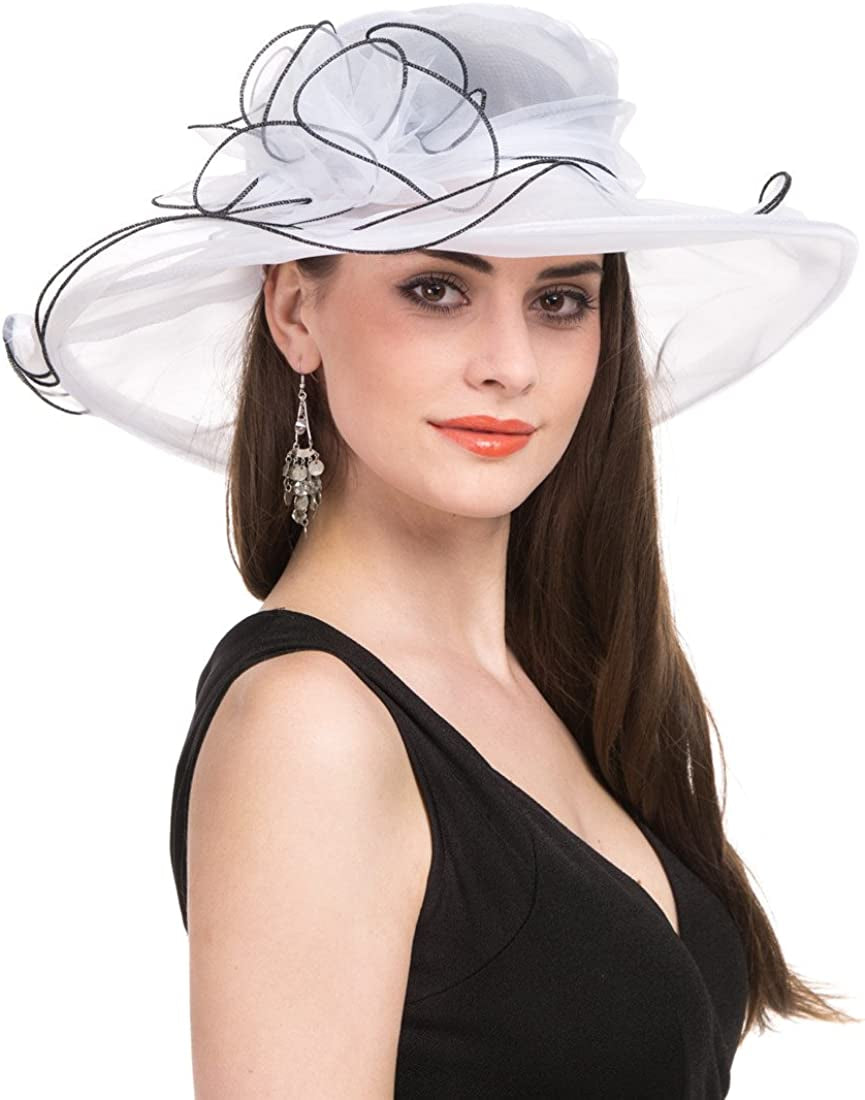 Lucky Leaf Women Kentucky Derby Church Cap Wide Brim Summer Sun Hat for Party Wedding Apparel & Accessories > Clothing Accessories > Headwear Lucky Leaf White With Black Edge  