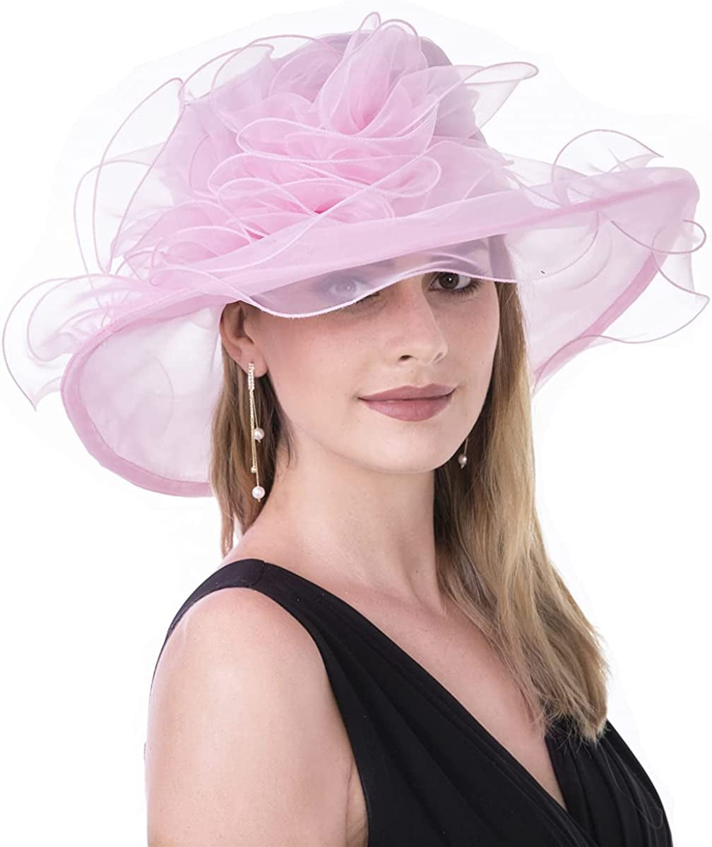 Lucky Leaf Women Kentucky Derby Church Cap Wide Brim Summer Sun Hat for Party Wedding Apparel & Accessories > Clothing Accessories > Headwear Lucky Leaf Nf-pink  